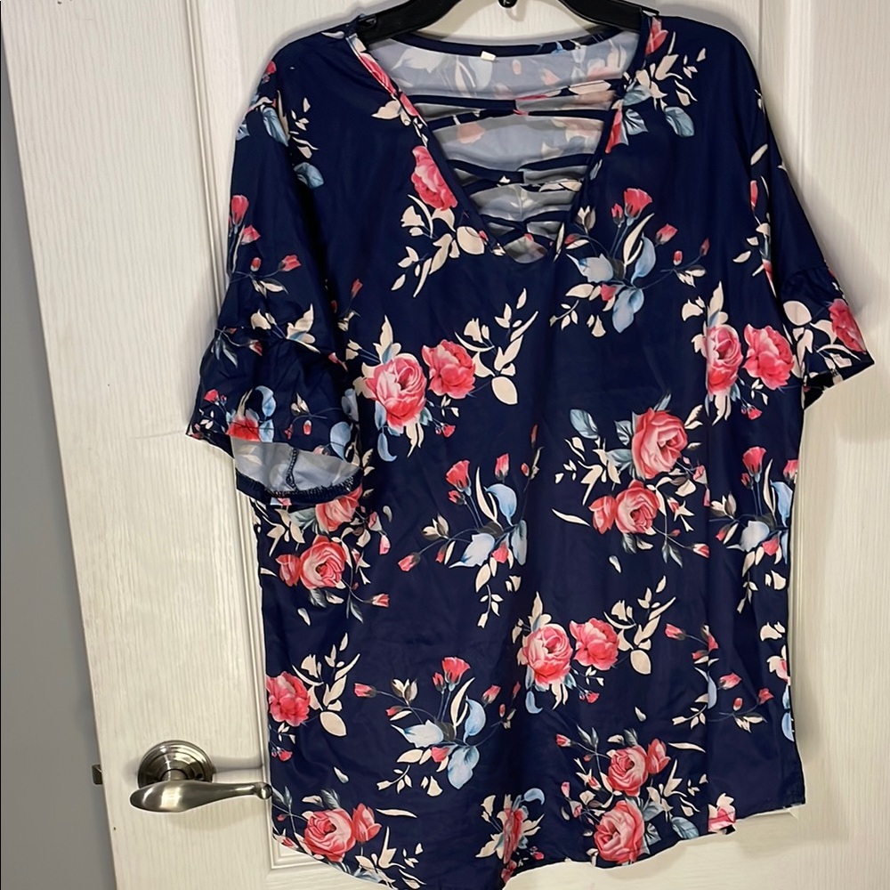 Floral Navy Top with Pink Accents